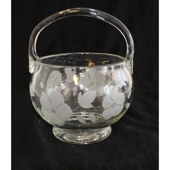 Vtg Crystal Bulbous Basket With Handle Frosted Etched Flowers And Leaves - Picture 3 of 5